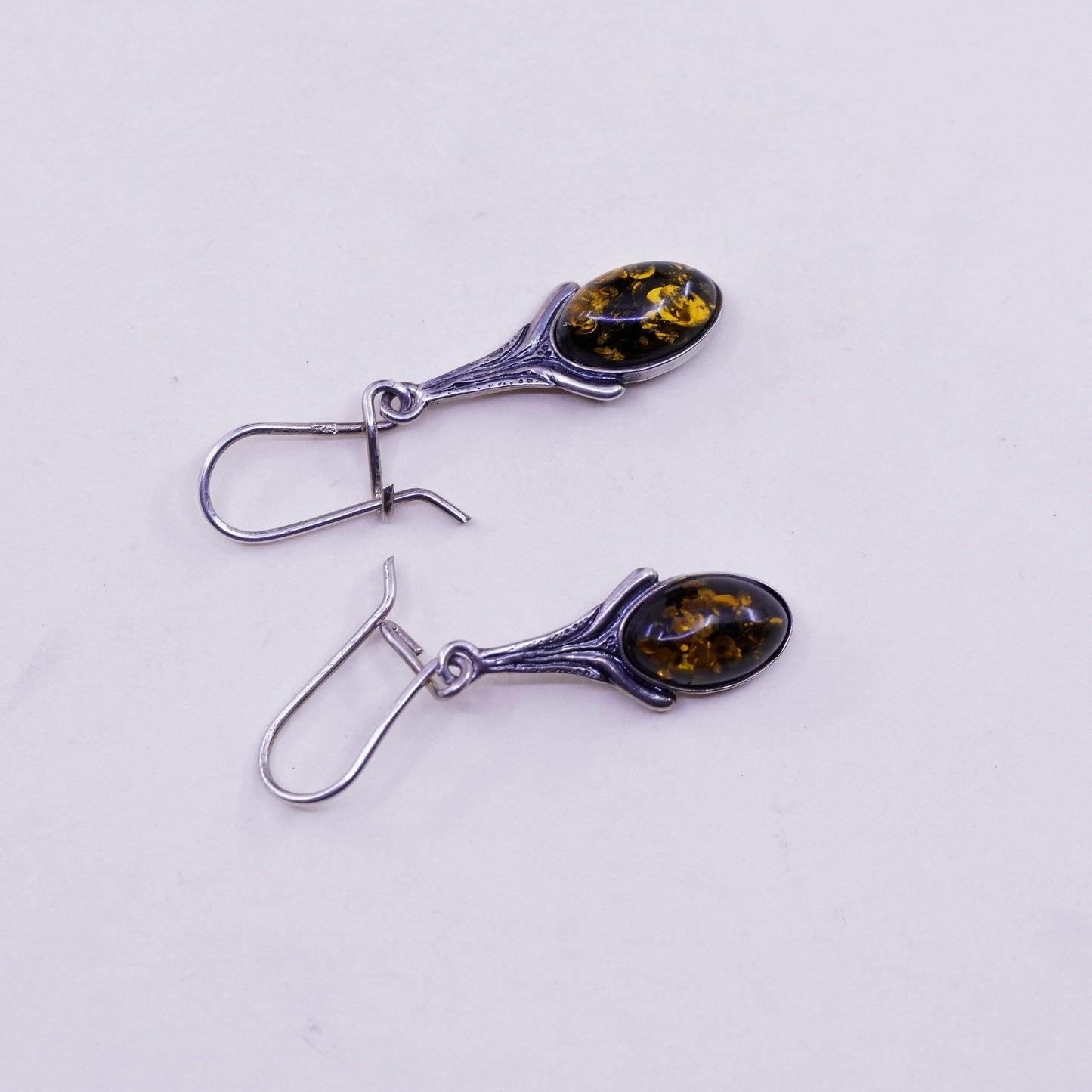 Vintage sterling 925 silver handmade earrings with oval Amber