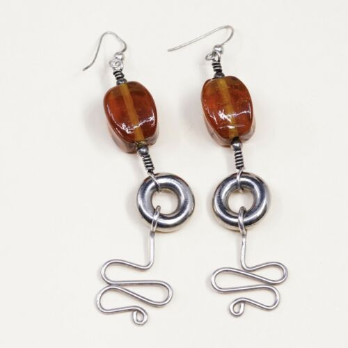 Vtg Sterling Silver Handmade Amber earrings, 925 silver dangles,