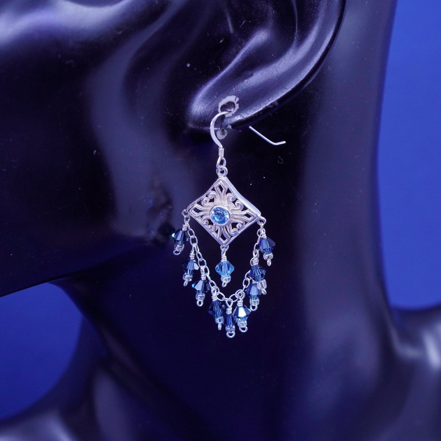 Sterling silver handmade earrings, 925 filigree diamond disk cluster crystal