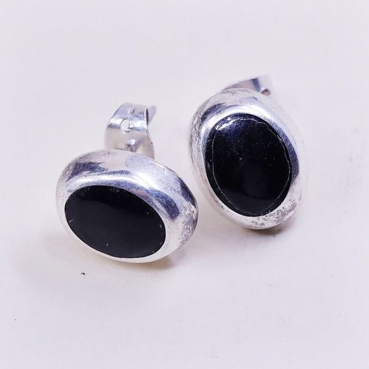 VTG Sterling silver handmade earrings, Mexico 925 stud w/ oval obsidian