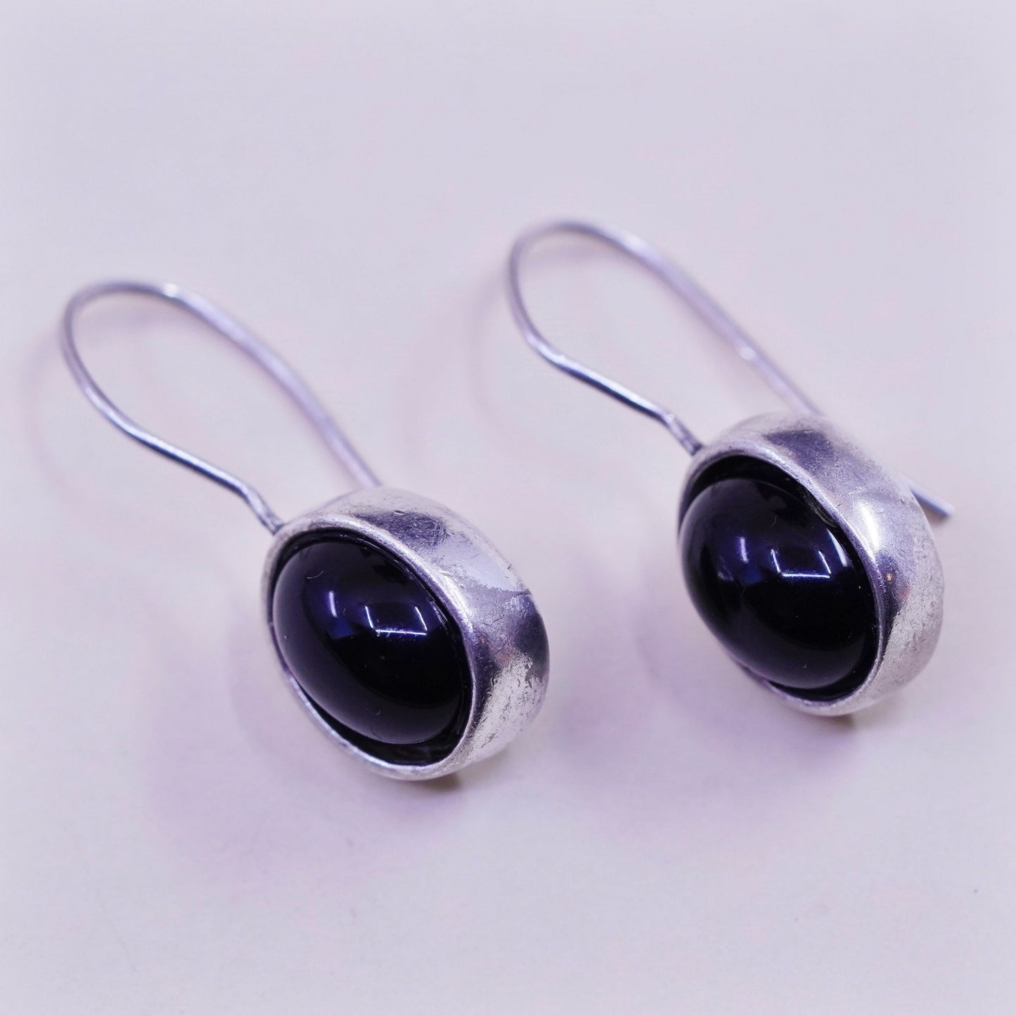 Vintage Sterling 925 silver handmade earrings with oval obsidian drops, elegant