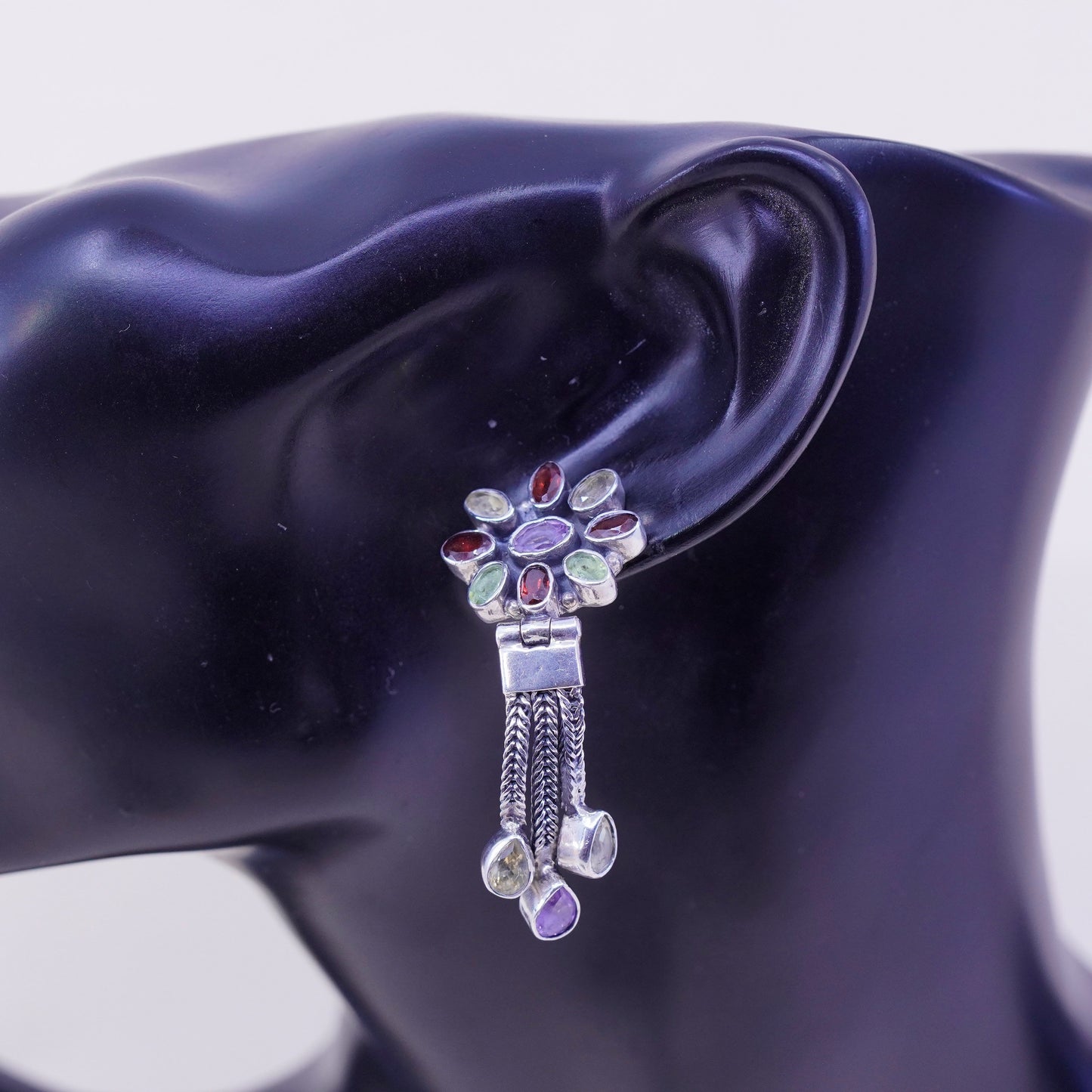 vtg sterling silver handmade earrings, 925 flower citrine ruby peridot amethyst