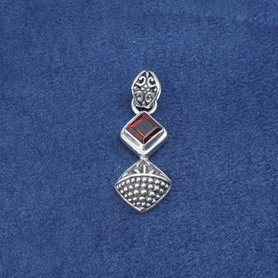 vtg Sterling silver handmade pendant, 925 heart w/ ruby N beads