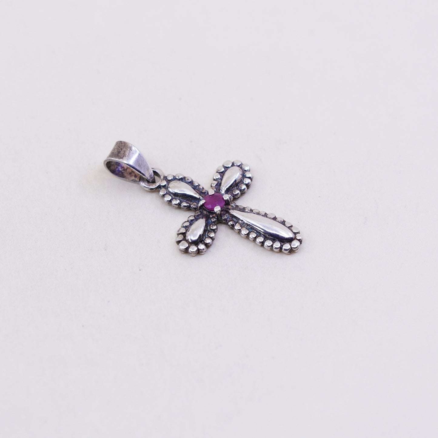 Vintage sterling silver 925 cross handmade pendant with ruby and beads