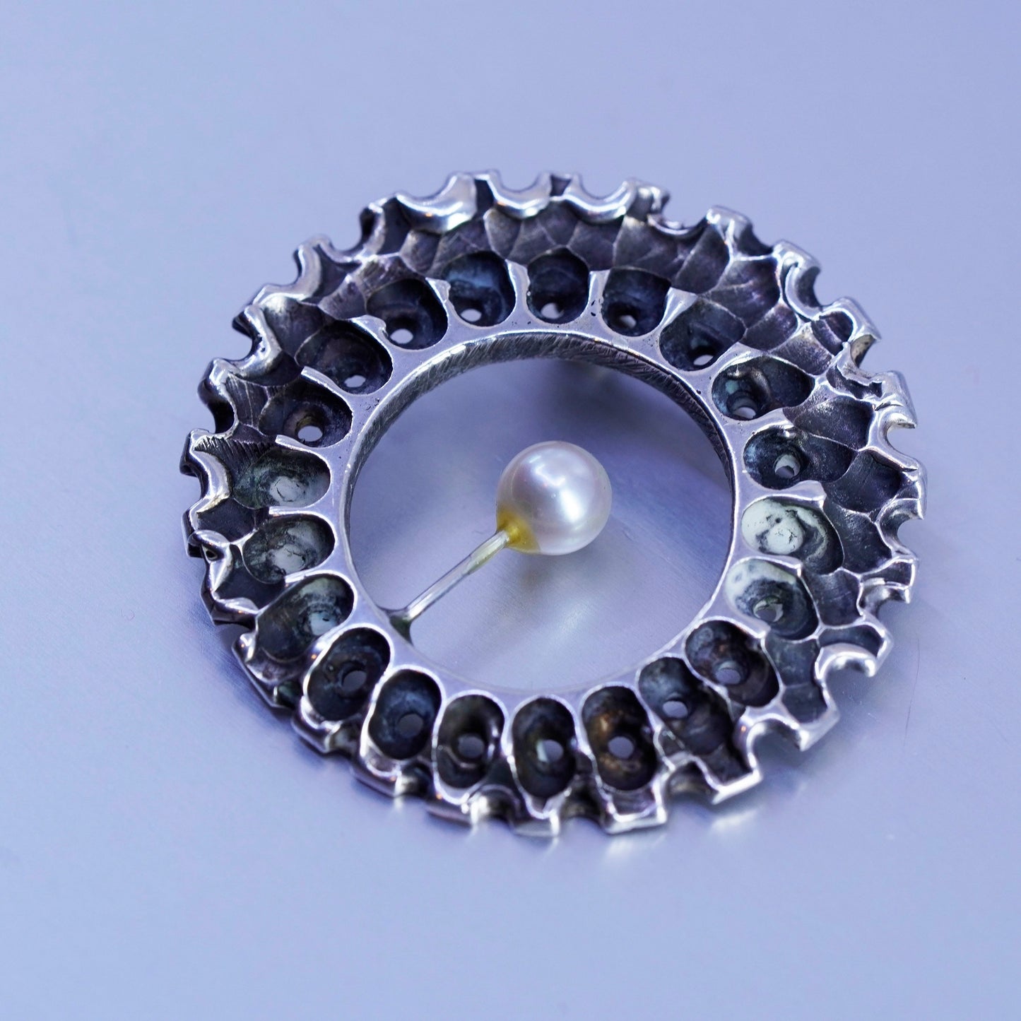 Vintage sterling silver handmade brooch, modern 925 circle pin and pearl