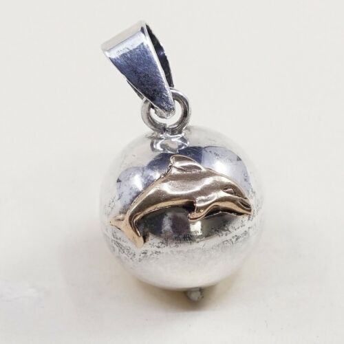 Vtg Two Tone Mexico Handmade Sterling Silver Pendant, 925 Dolphin Bell Chime