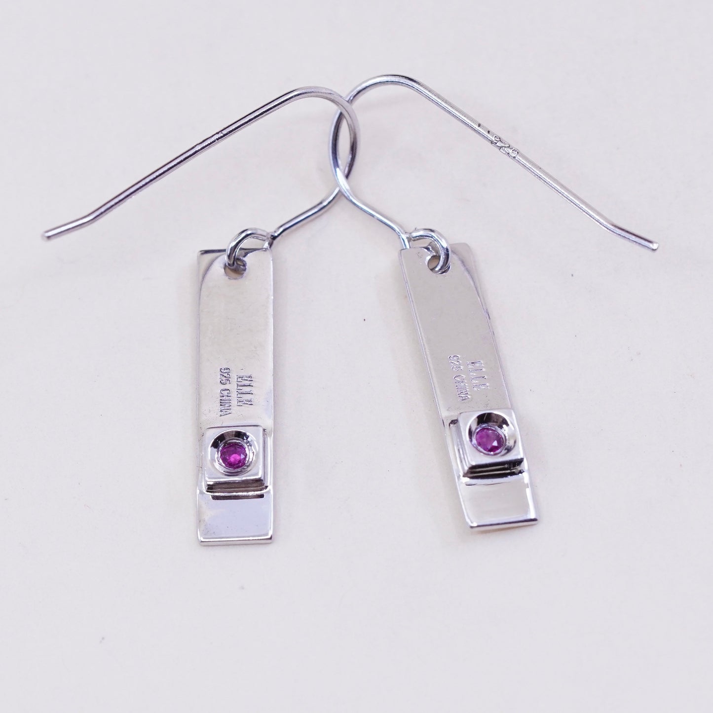 1”, Elle sterling 925 silver earrings, rectangular dangle w/ ruby embossed Hope