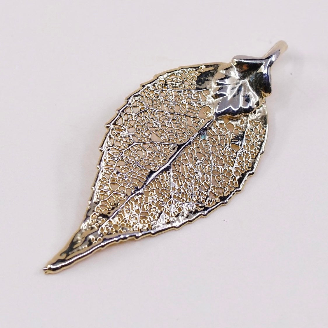 VTG Vermeil gold over Sterling silver pendant, 925 silver Filigree leaf