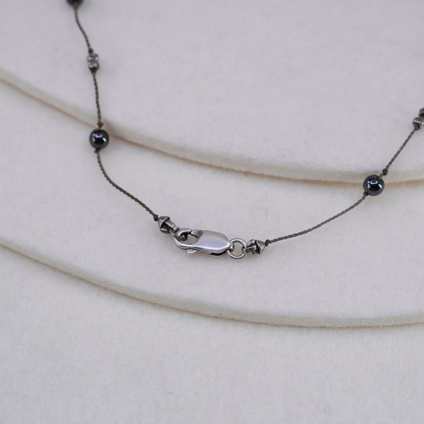 18”, Sterling 925 liquid silver handmade linen necklace with hematite beads