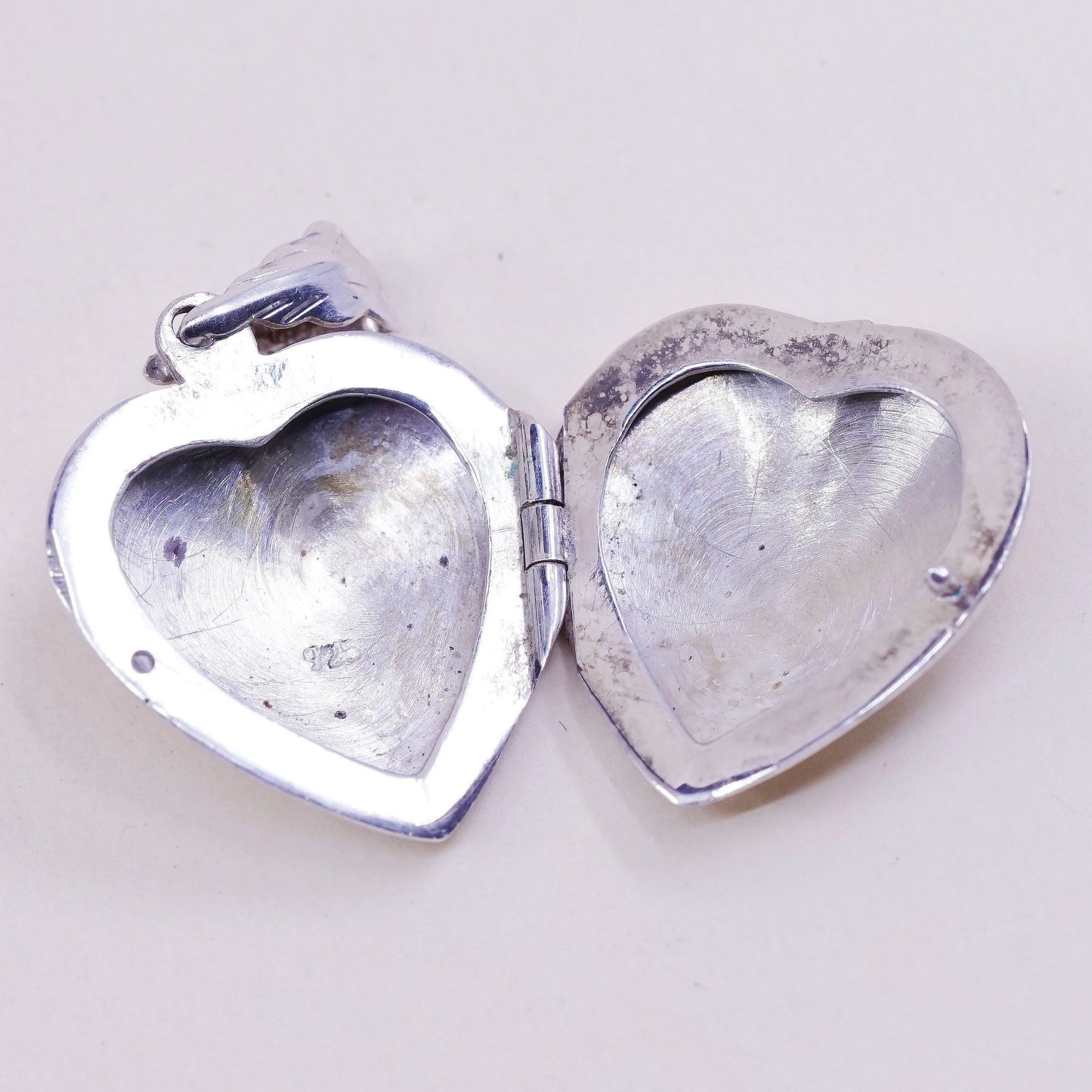 Vintage sterling silver heart shaped photo locket charm pendant, 925 locket