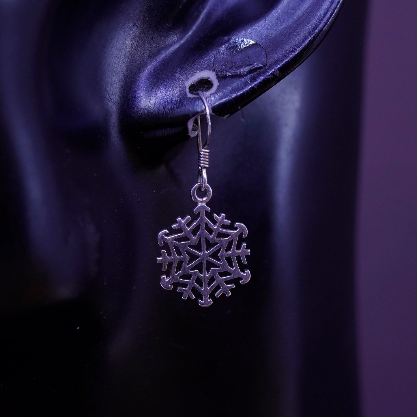 Vintage Sterling silver handmade earrings, 925 snowflake drops
