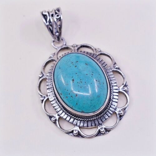 Vtg Southwestern Sterling 925 Silver Huge Handmade Pendant W/ Oval Turquoise