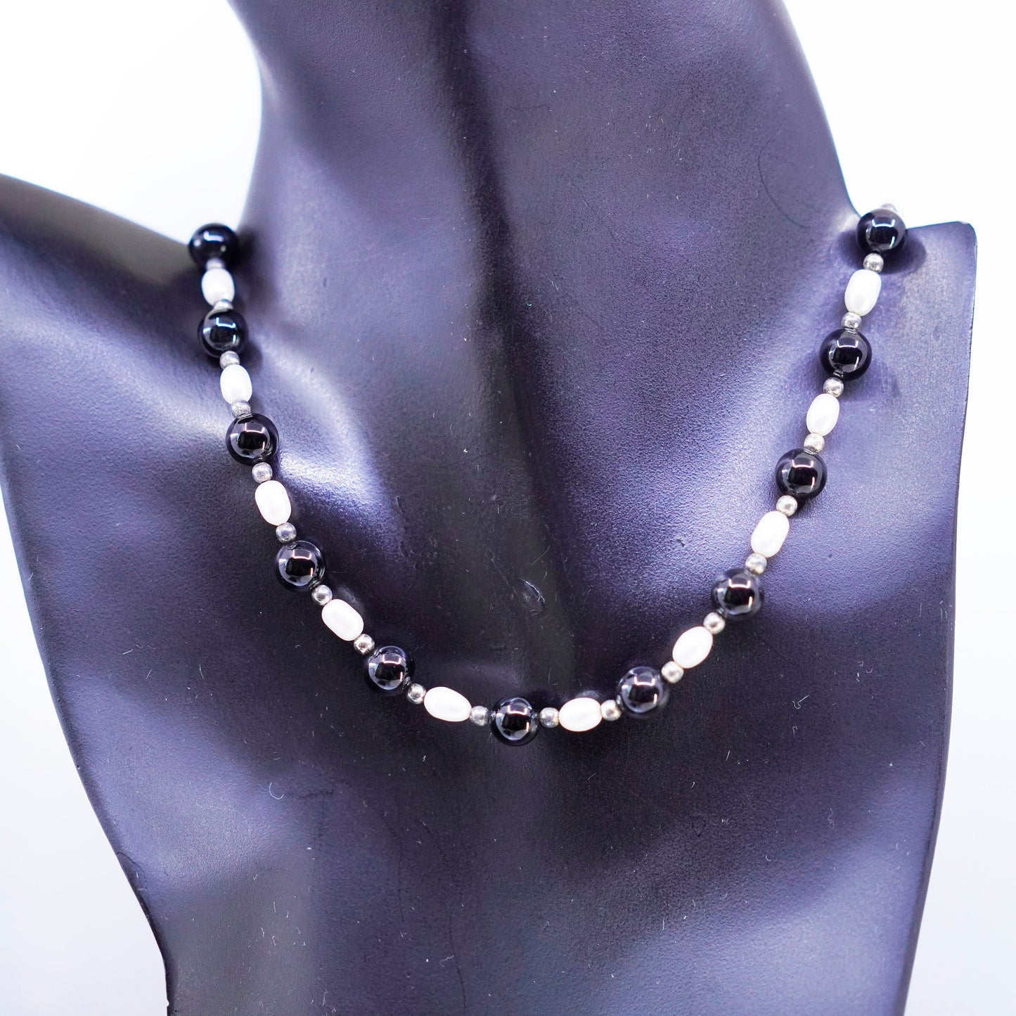 18”, vintage Sterling 925 silver handmade obsidian and pearl necklace