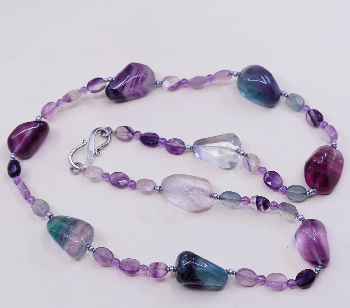 24”, Native American fluorite nugget and sterling 925 silver beads necklace