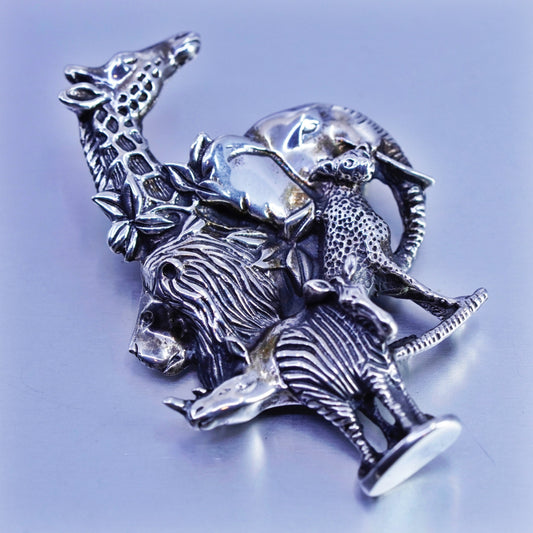 Mexico sterling silver brooch 925 elephant giraffe lion leopard zebra rhino pin