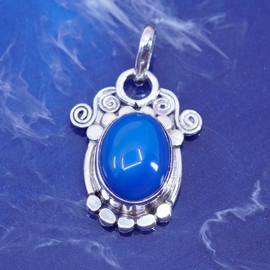 Vintage sterling 925 silver handmade pendant with blue agate and beads