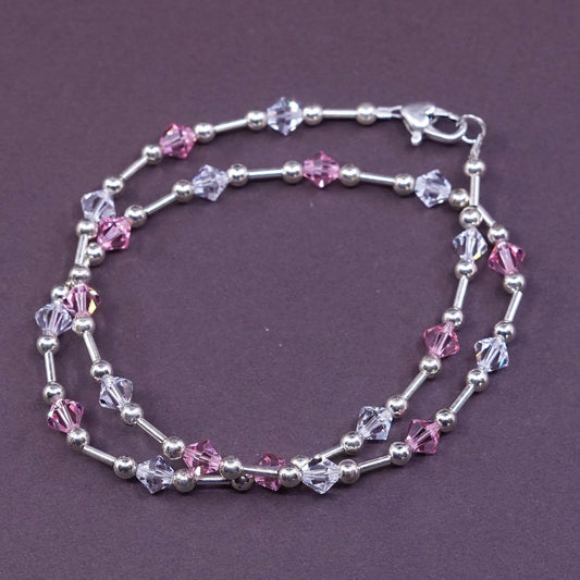 16" vtg Sterling silver necklace, 925 beads w/ pink crystal beads