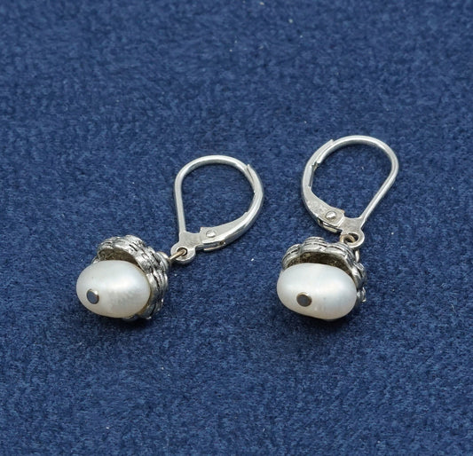 vtg Sterling silver handmade earrings, 925 hooks w/ pearl drops