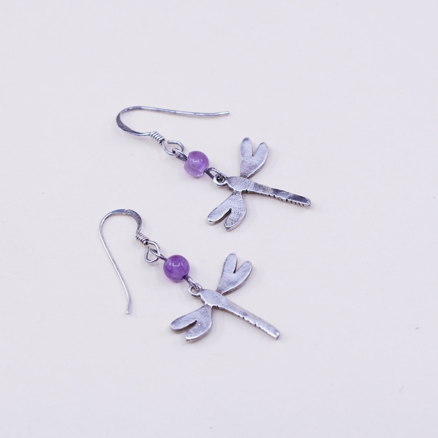 Vintage handmade sterling 925 silver dragonfly earrings with amethyst