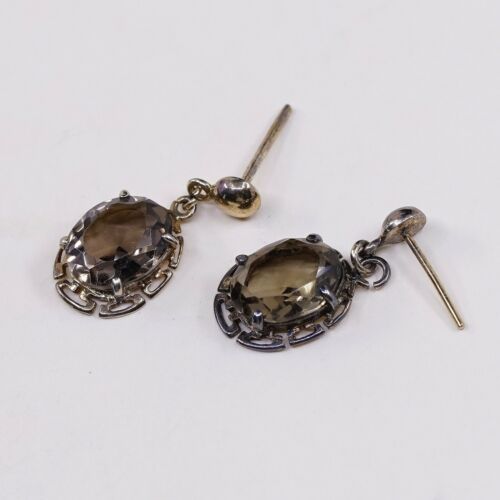 Vtg Gold STERLING 925 SILVER earrings with Smoky Crystal dangles, Silver Tested
