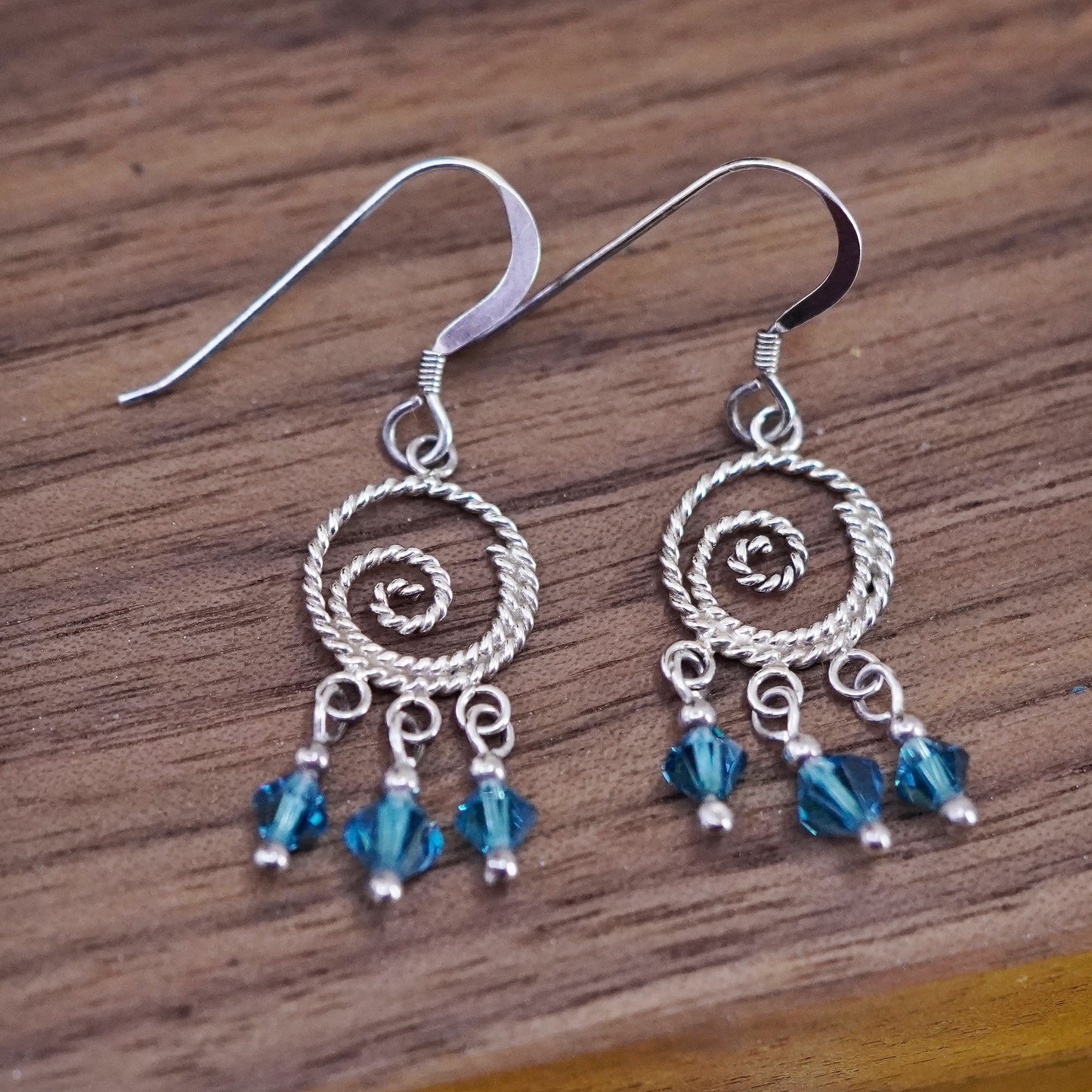 Vintage Sterling silver Handmade earrings, swirly dangle w/ blue crystal drops
