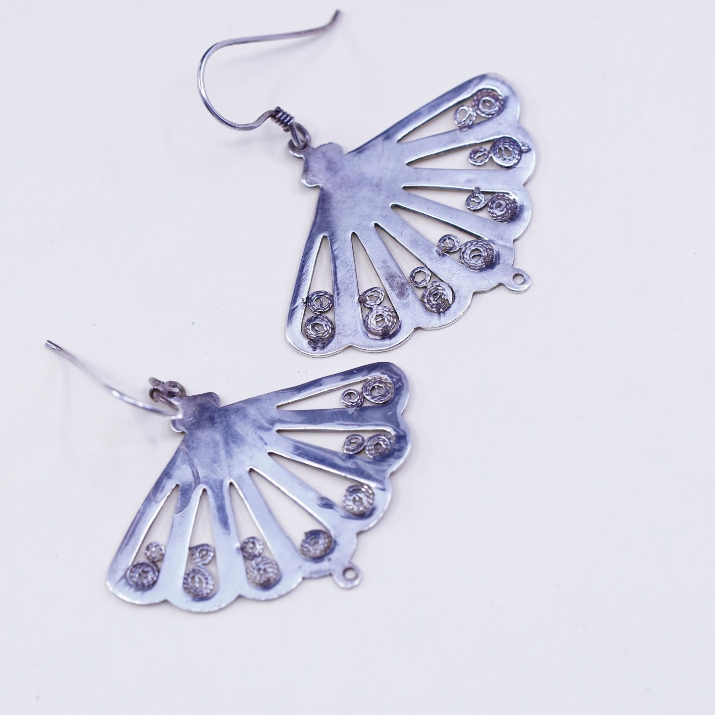 Vintage sterling silver handmade earrings 925 filigree fan dangles