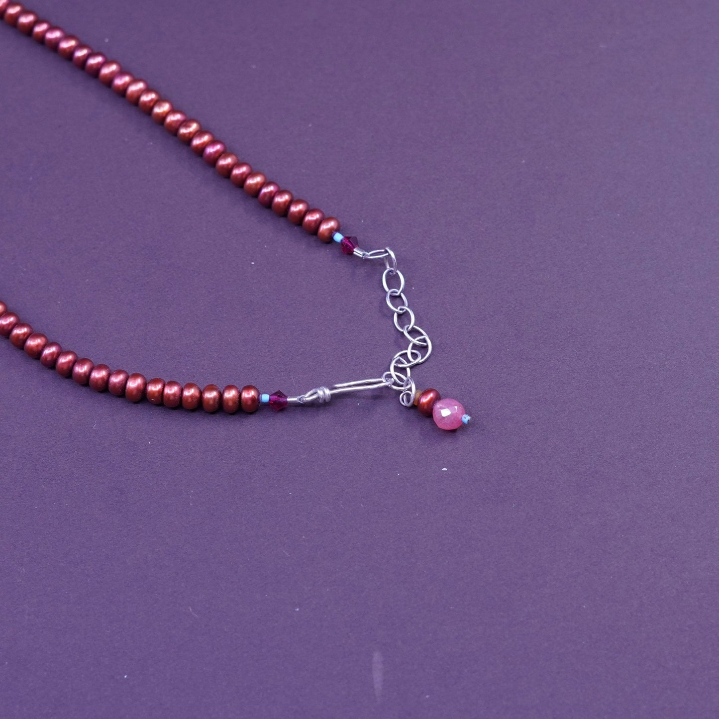 16+1.5” Vintage Sterling silver Handmade necklace w/ pearl rose quartz pendant