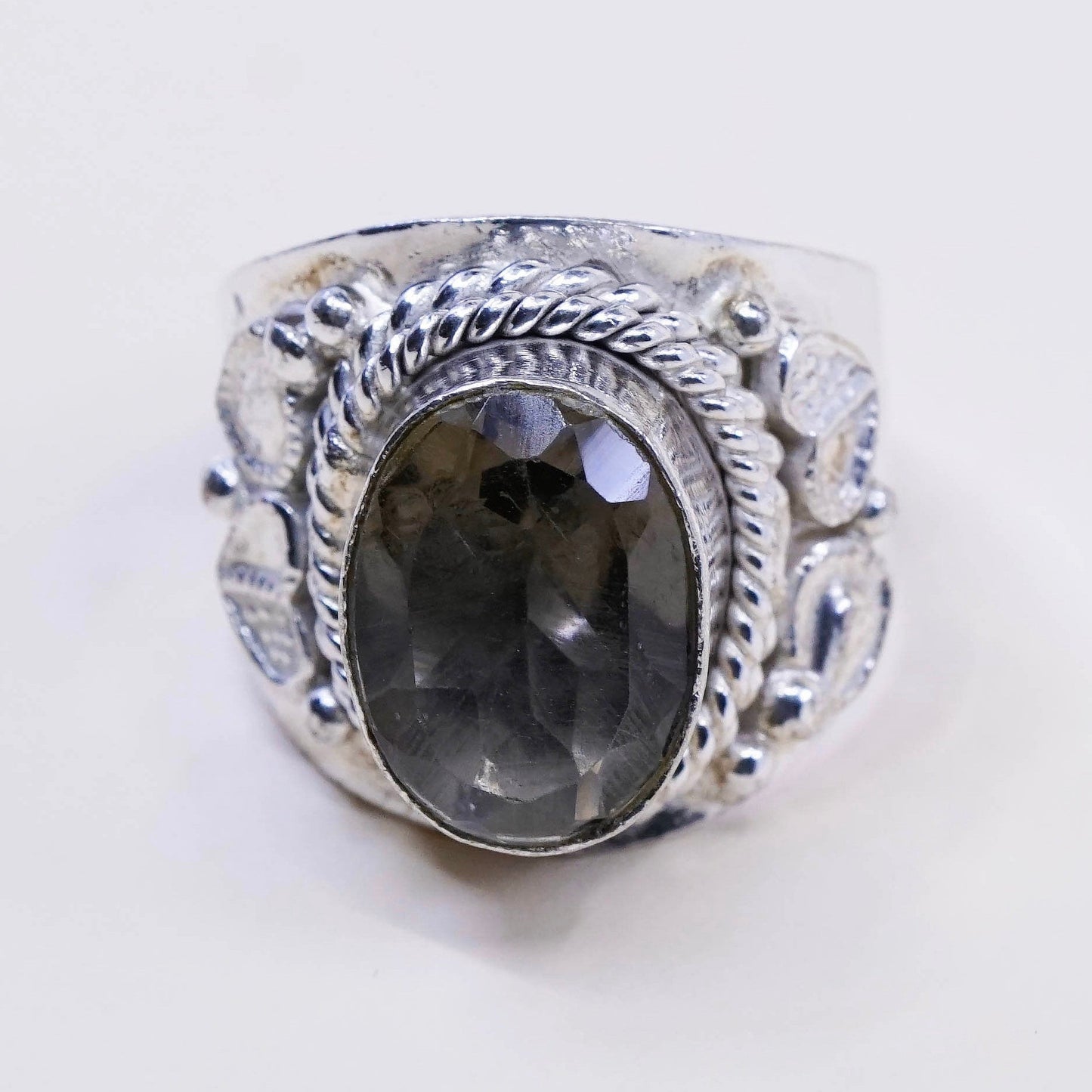 Size 9, vtg sterling 925 silver handmade statement ring w/ smoky topaz N cable