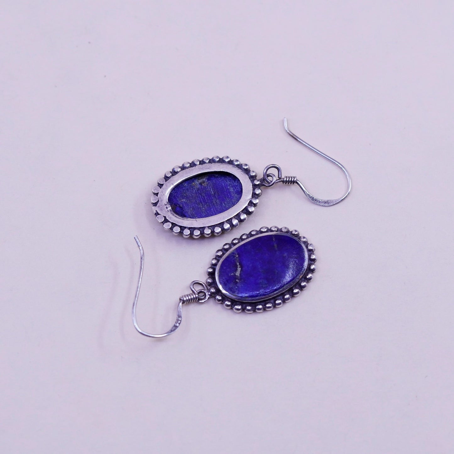 Vintage Sterling 925 Silver Handmade earrings with oval lapis lazuli and beads