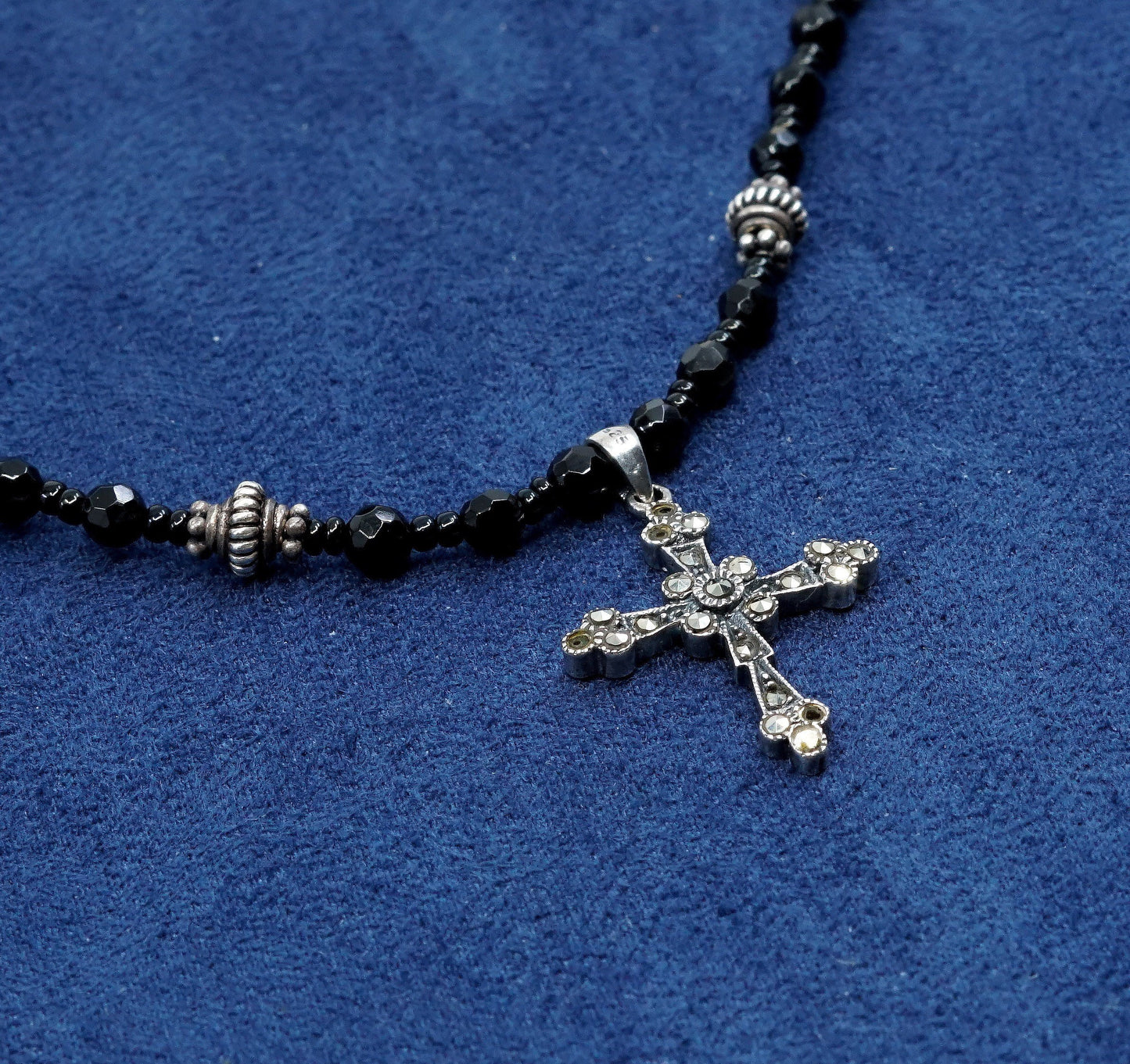 16", Sterling silver necklace, obsidian chain w/ 925 cross pendant N marcasite