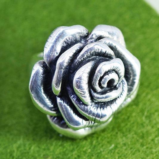Size 7, Sterling silver handmade ring, huge statement puffy 925 silver rose