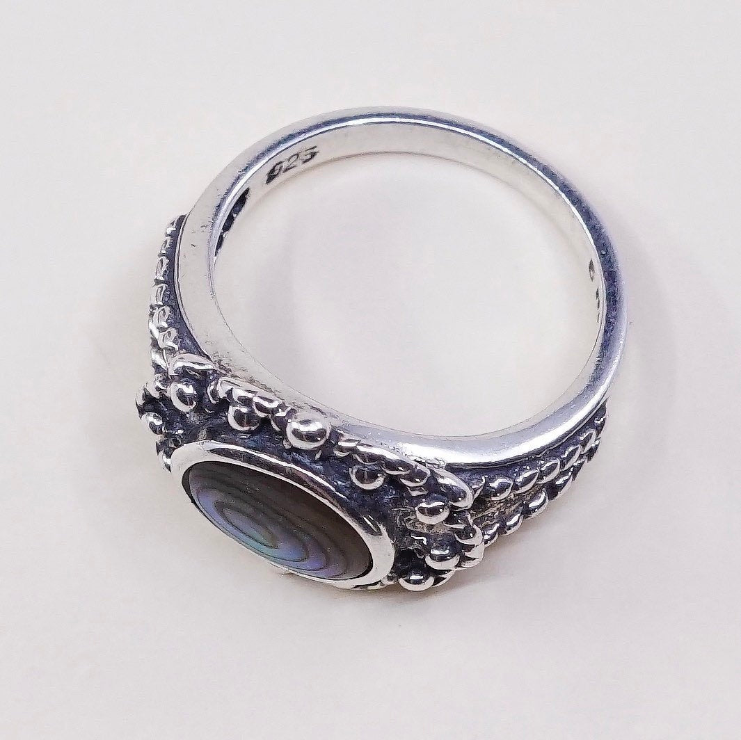 sz 6, vtg sterling silver handmade ring, 925 w/ oval abalone nn beads
