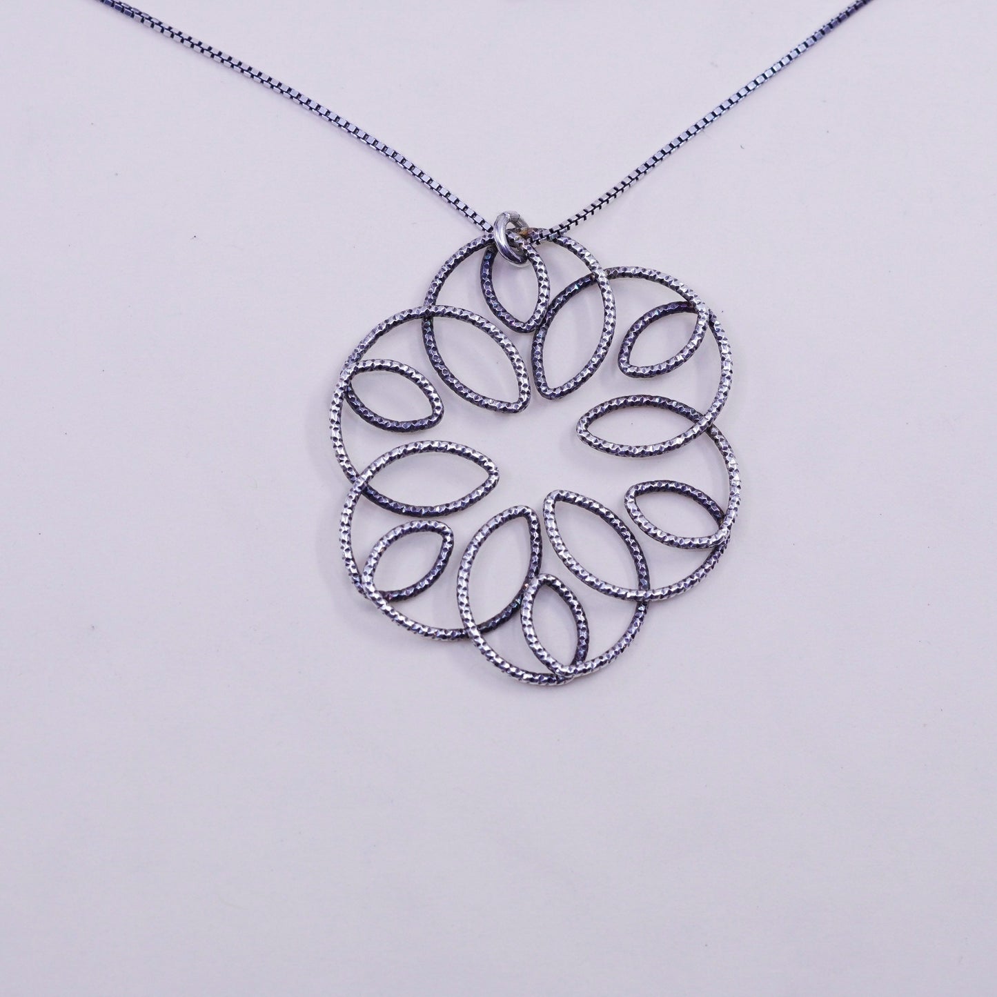 30”, vintage 925 sterling silver necklace, box chain entwined flower pendant