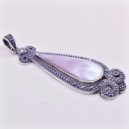 vtg sterling 925 silver handmade pendant, teardrop mother of pearl marcasite