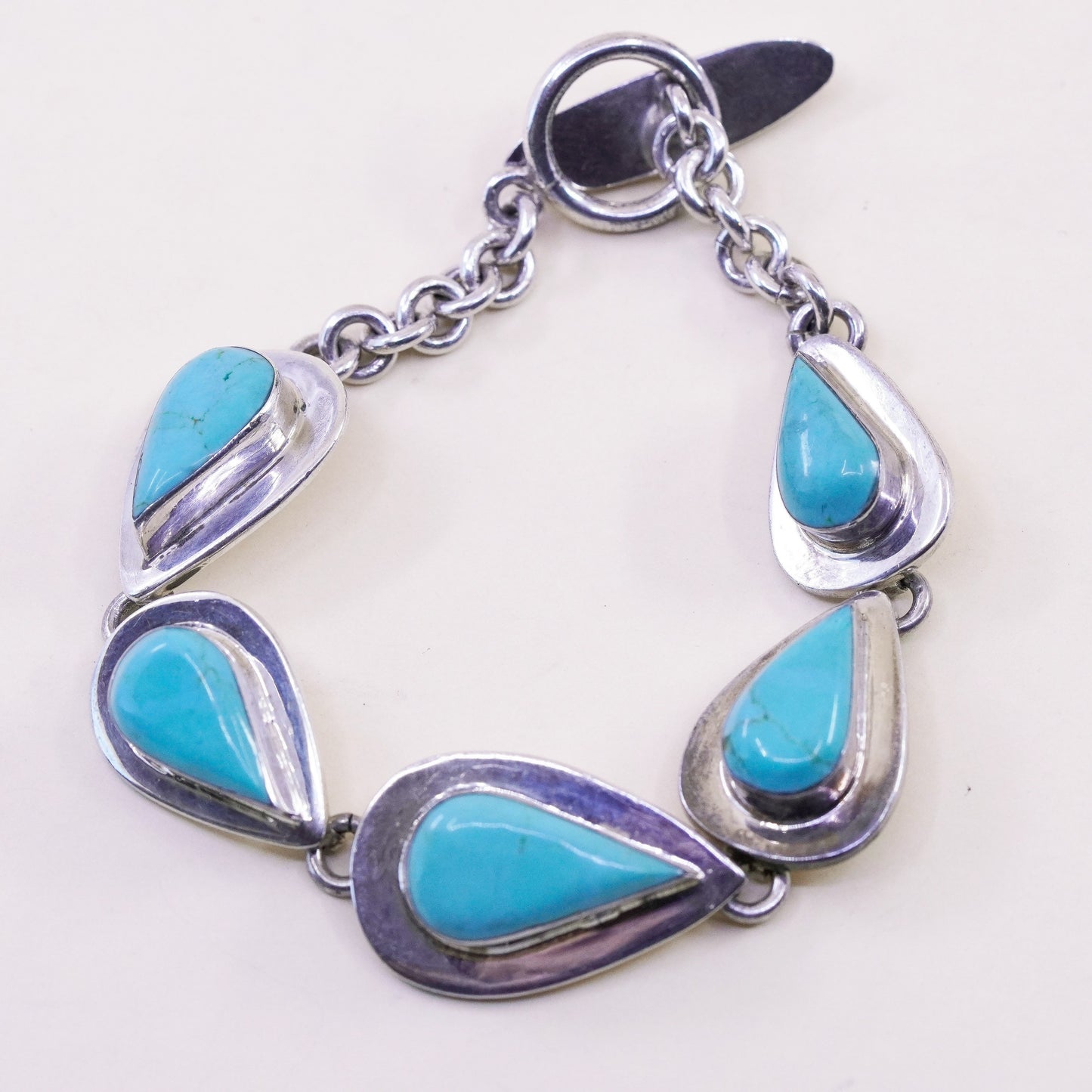 7.5”, Sterling silver handmade bracelet, Mexico 925 chain teardrop turquoise