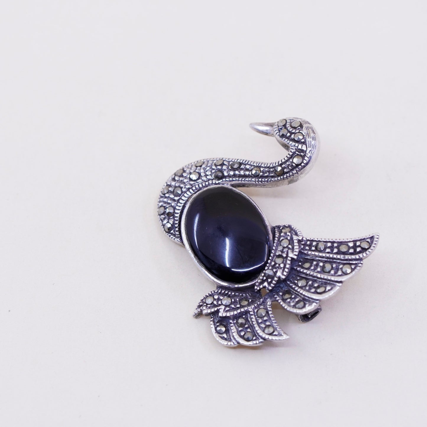 Sterling silver handmade brooch, 925 pin with obsidian swan bird and marcasite