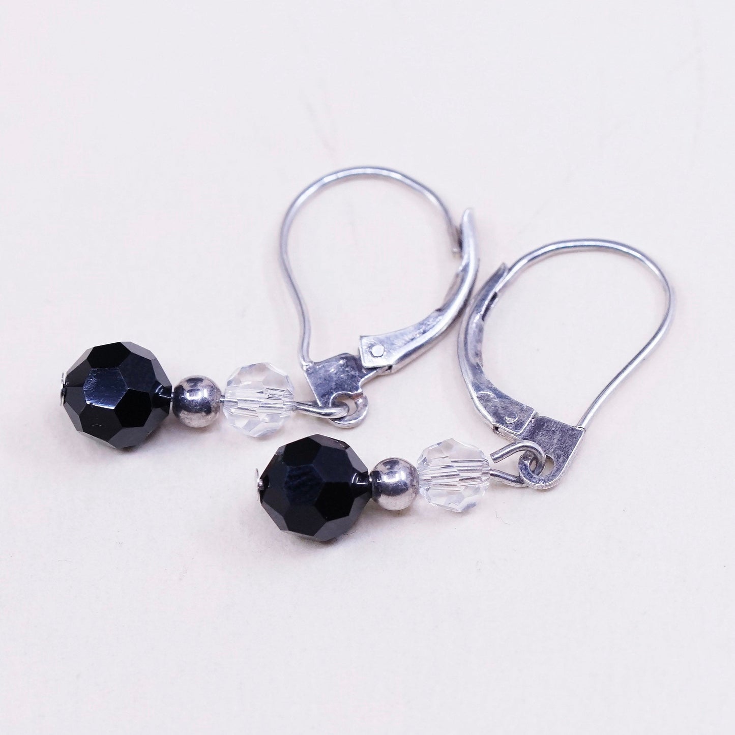 Vintage Sterling silver handmade earrings, 925 with obsidian and crystal beads