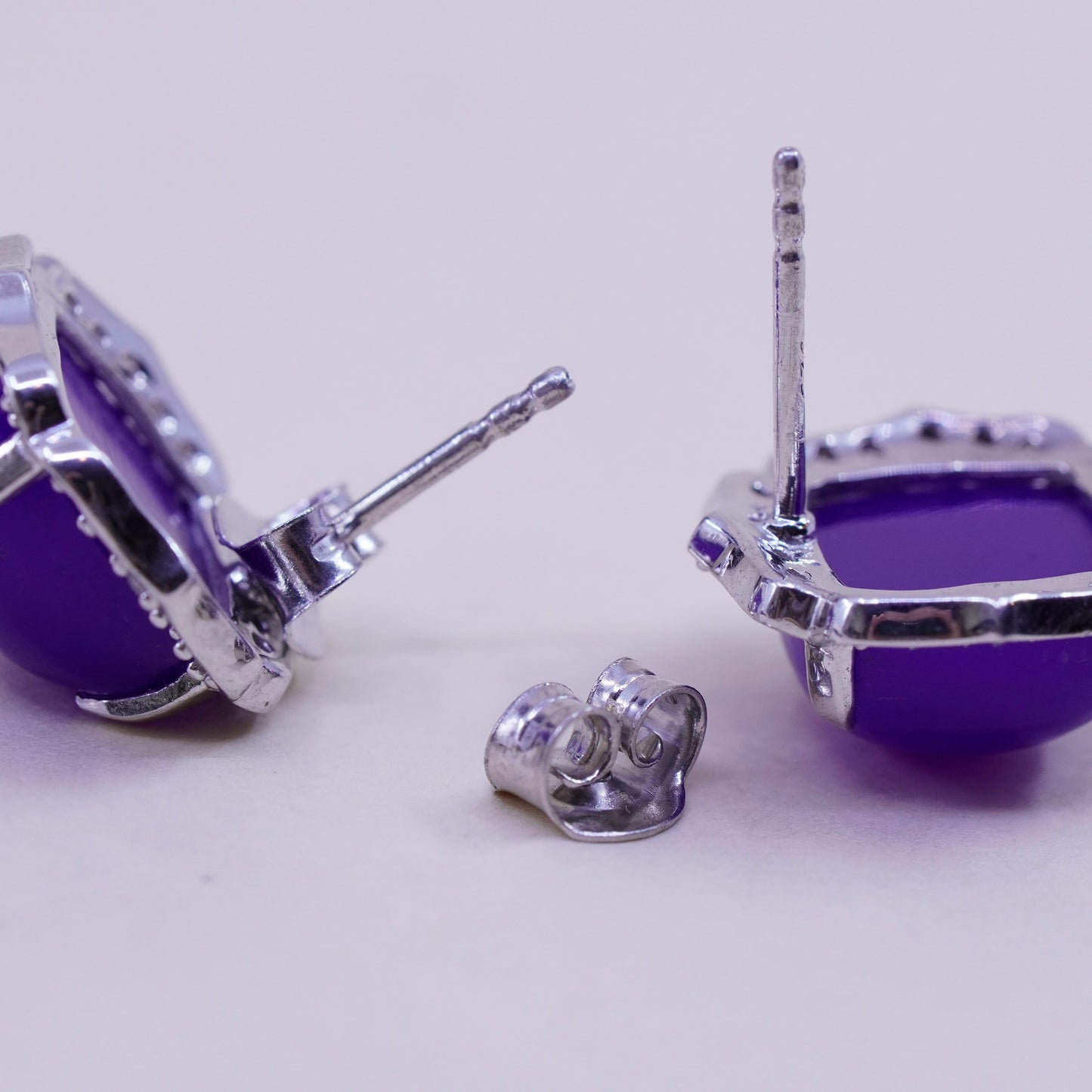 Vintage sterling silver handmade earrings, 925 studs with amethyst and diamond