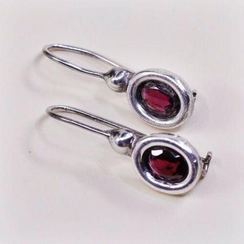 Vtg STERLING SILVER earrings with Oval ruby dangles stamped 925