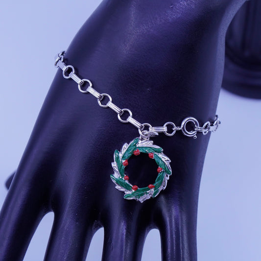 7”, vtg Italy Sterling 925 silver handmade bracelet, circle chain Berry Wreath