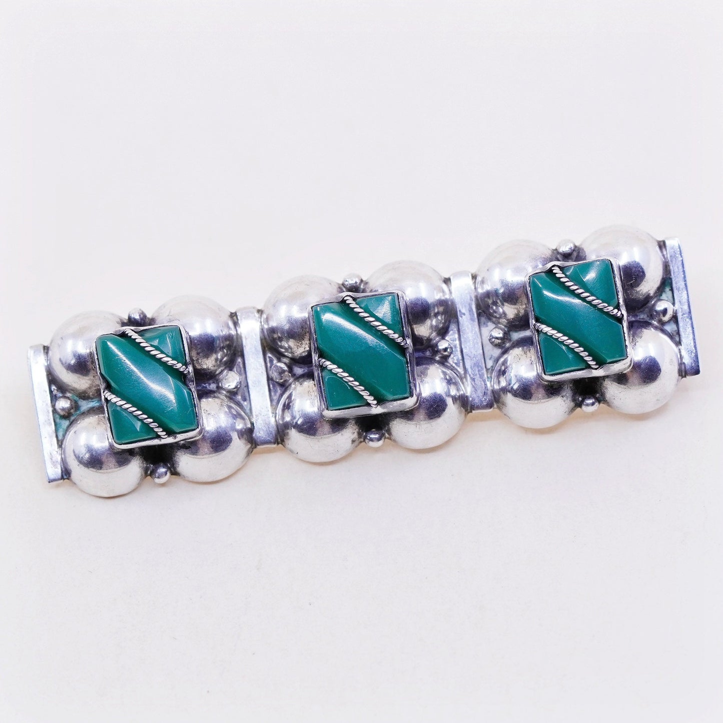 Vintage sterling silver handmade brooch, Mexico 925 pin with jade and beads