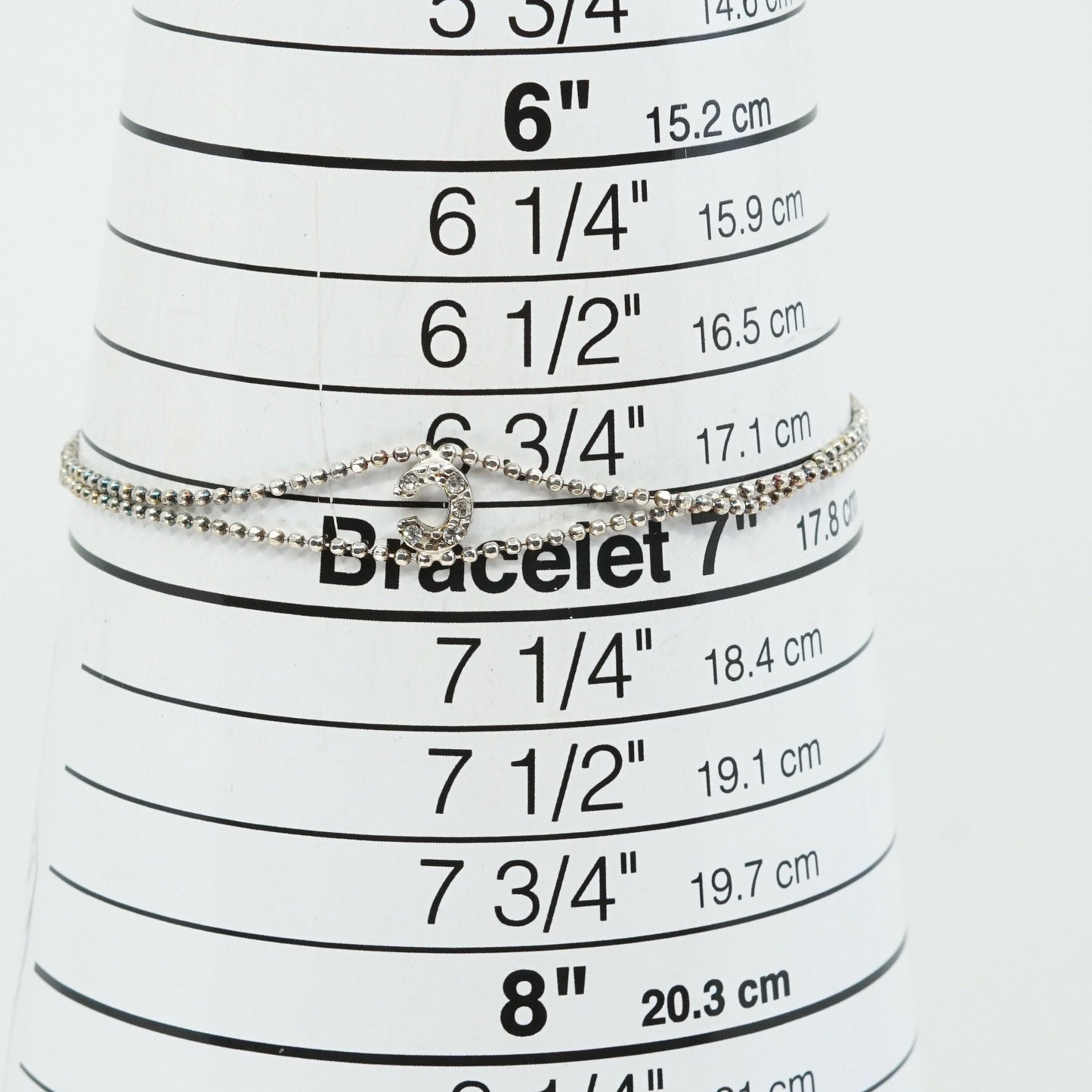 7", 1mm, vtg silver bracelet, 925 double strands beads w/ C N crystal