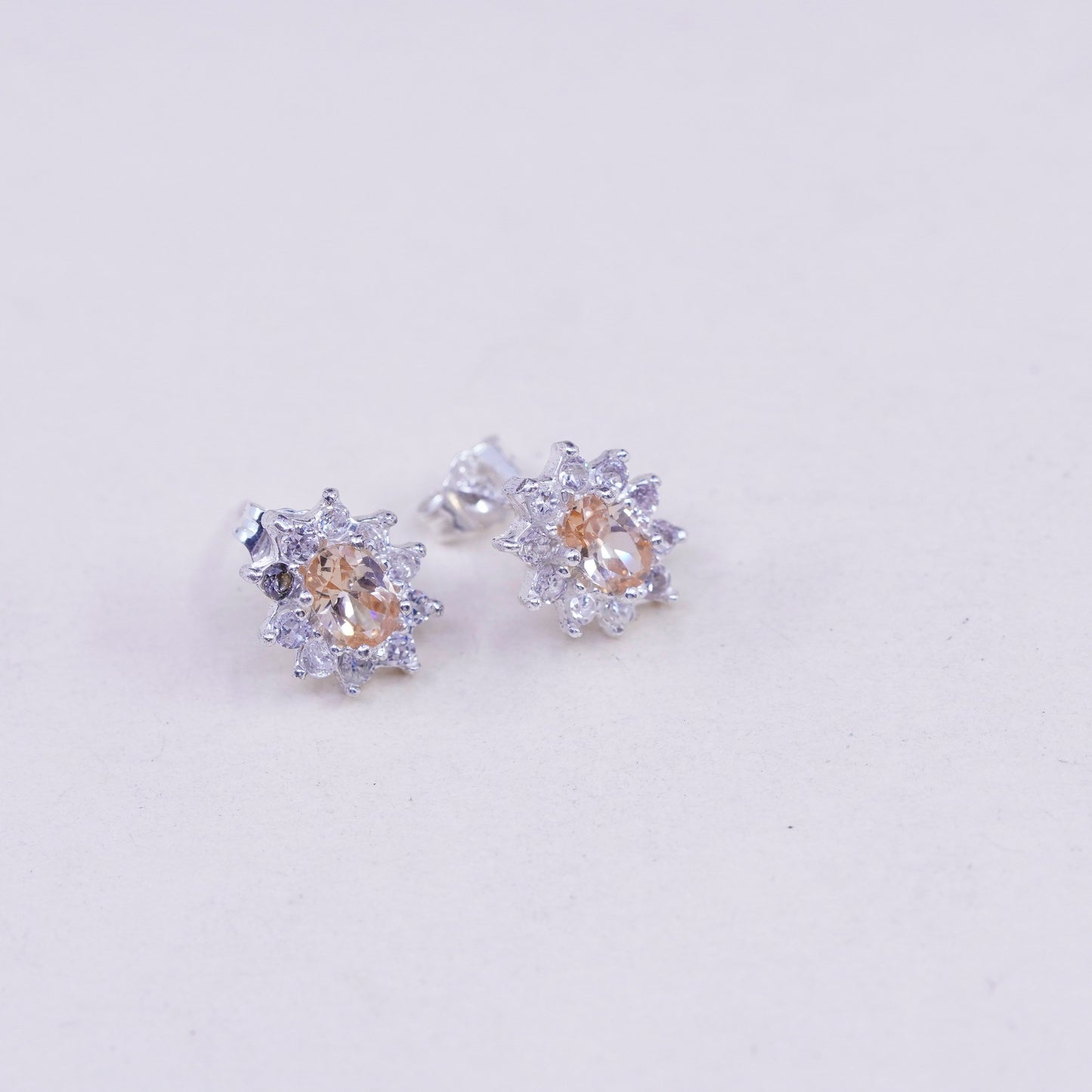 Vintage sterling silver studs earrings with citrine and cz around, earrings