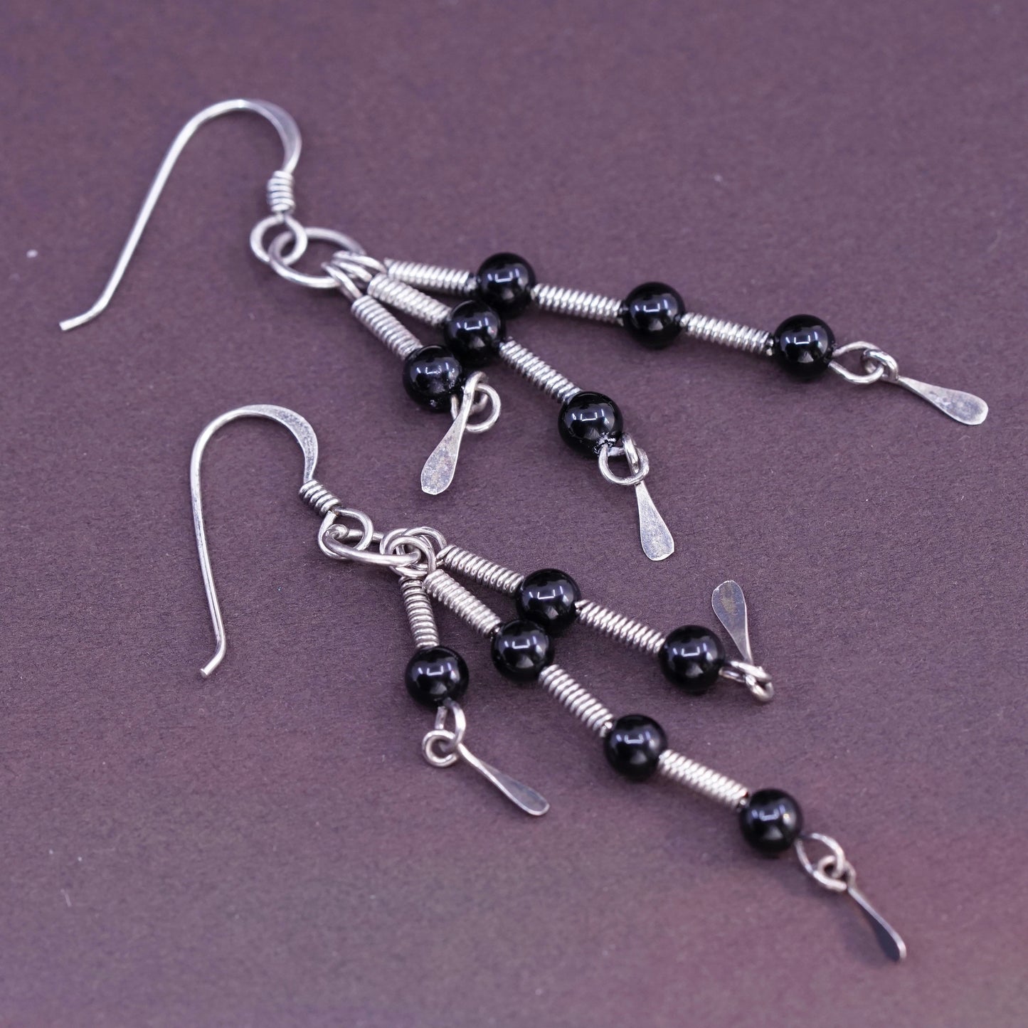 Vintage Sterling silver handmade earrings, Mexico 925 with bead obsidian