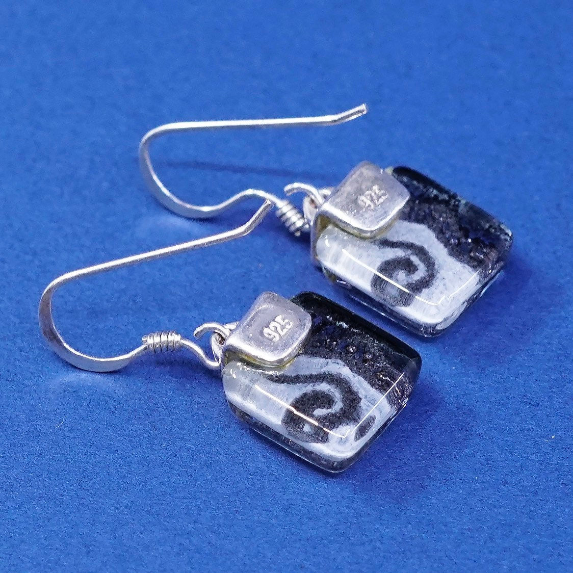 vtg sterling silver handmade earrings, 925 hooks w/ artisan foiled glass drops