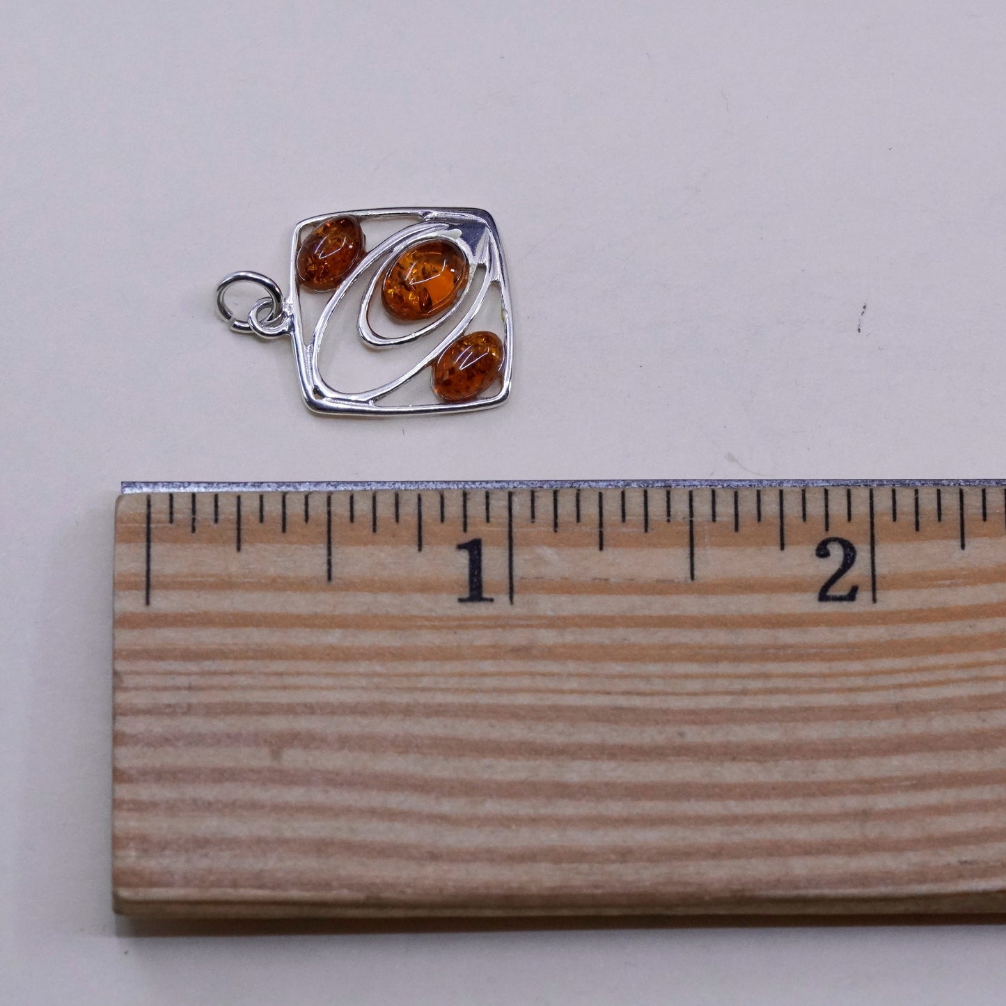 Vintage Sterling 925 silver handmade square charm pendant with Amber
