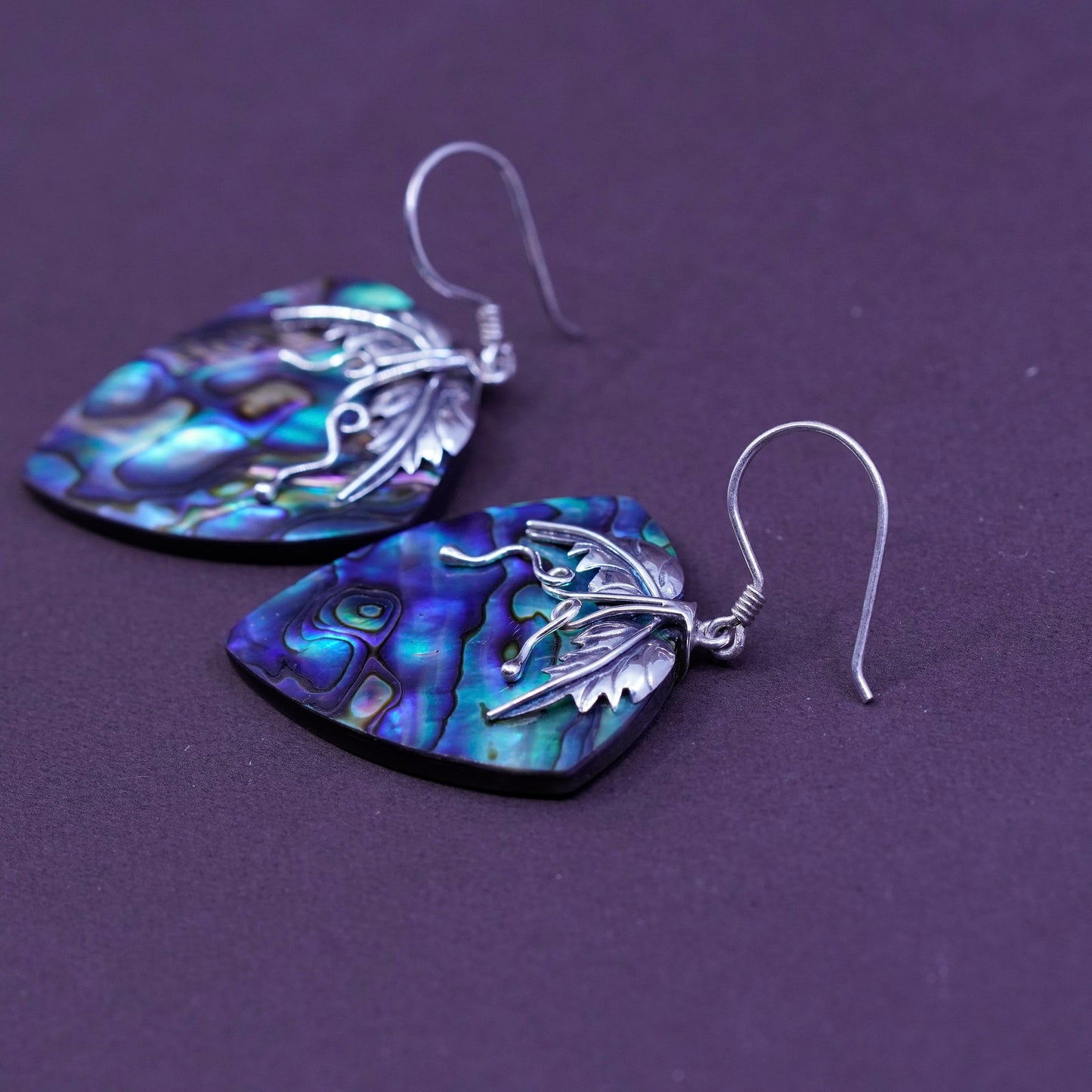 Sterling silver handmade earrings, 925 grapevine leaves with abalone dangles