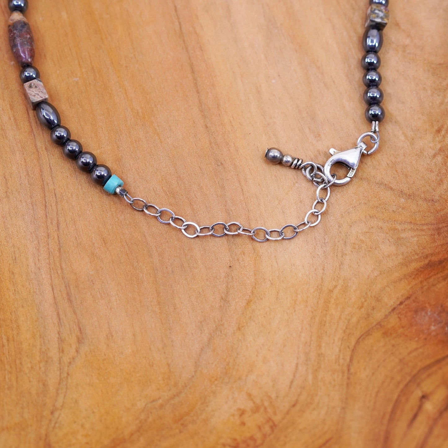 16+2”, vintage sterling 925 silver handmade chain necklace with hematite jasper