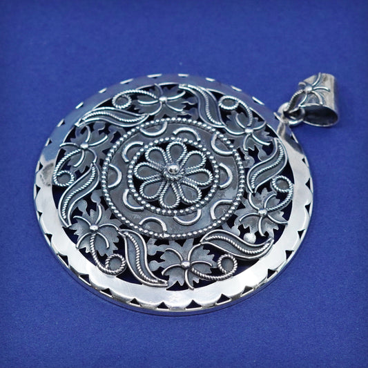 Vintage sterling silver handmade pendant, huge 925 bali flower pendant w/ beads