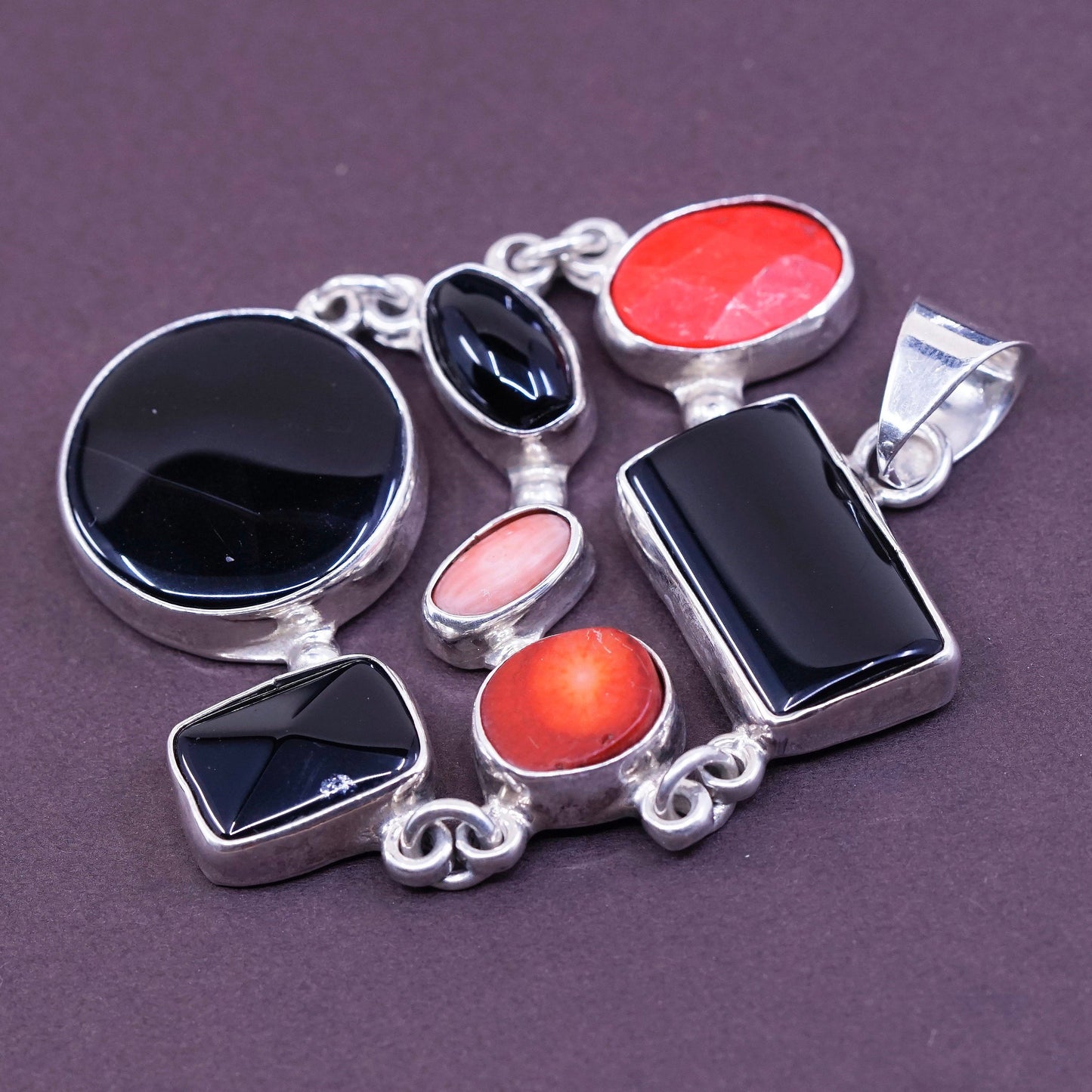 Vintage Sterling 925 silver handmade pendant with obsidian and coral